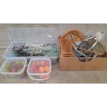 2 Boxes Of Artificial Flowers, Plastic Fruit. Baskets Etc