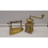 A Brass Flat Iron & Coffee Grinder