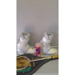 A Pair Of Ski Boots Size 7, Tennis Racket, Badminton Racket, Bike Basket Etc