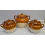 6 Medium & 1 Large Stoneware Brown & Cream Lidded Casserole Dishes