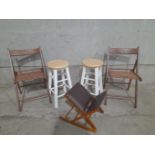 2 Kitchen Stools, 2 Folding Chairs & A Gout Stool
