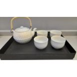 A Chinese Style Kettle & 4 Cups On A Wire Tray, White Wedgwood Tea Service & Other Tea Ware Etc