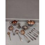 A Plated Cream & Sugar, 2 Salts, Butter Knives, 2 Silver Sugar Tongs & 3 Others Etc