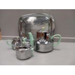 4 Pc 1950's Green Insulated Tea Service On Tray