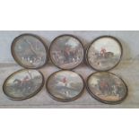 6 Hunting Prints In Black & Gilt Round Frames