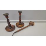 A Box Including A Pair Of Oak Barley Twist Candlesticks, Mahogany Box, Tobacco Pipe Etc