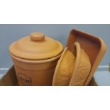 A Box Including Terracotta Bread Bin, Dishes Etc
