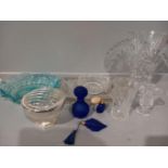 A Box Including Glass Dressing Table Tray, Vases, Bowl Etc