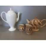 A Box Including Teapot (Damaged), Cream & Sugar, Coffee Pot, 2 Hand Painted Glass Decanters & Glasse