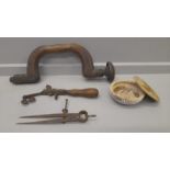 A Wooden Brace, Metal Measuring Gauge Etc