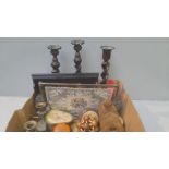 Box Including Oak Barley Twist Candlesticks, Dressing Table Pieces Etc