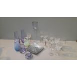 Box Of Assorted Glasses, Coloured Glass Vases Etc