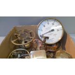 Box Including Brass Cruet Stand, Budenberg Pressure Gauge Etc