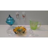 Coloured Glass Jug, Lidded Bowl On Stand, Glasses Etc