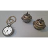 Silver Pocket Watch & Chain (Chester 1941) & A Pair Of Oriental Scent Bowls