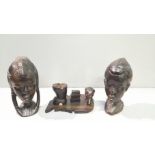 2 African Carved Heads & Elephant Match Holder