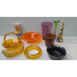 Coloured Glass Vases, Dishes, Basket Etc