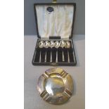 6 Silver Small Spoons In Case (Sheff 1931), Silver Ashtray & 2 Plated Teaspoons