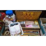 Box Including Knitting Needles, Sewing Accessories Etc