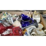 Box Of Assorted Teaware, 2 Coloured Glass Decanters Etc
