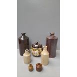 6 Assorted Stone Ware Bottles & Biscuit Jar