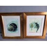 2 Prints - Two Tired Kittens & Bird Watching Signed J Doran '92