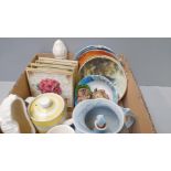 Box Including 4 Hand Painted Floral Wall Plaques, Collectors Plates, Teapot Etc