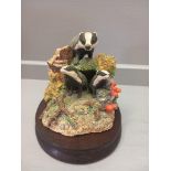 Border Fine Arts 'Badgers' Model No 150 By D Walton On Wooden Base With Original In Box Box