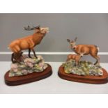 Border Fine Arts ' Red Stag' Model No 151 & 'Red Hind & Calf' Model 152 By D Walton On Wooden Bases