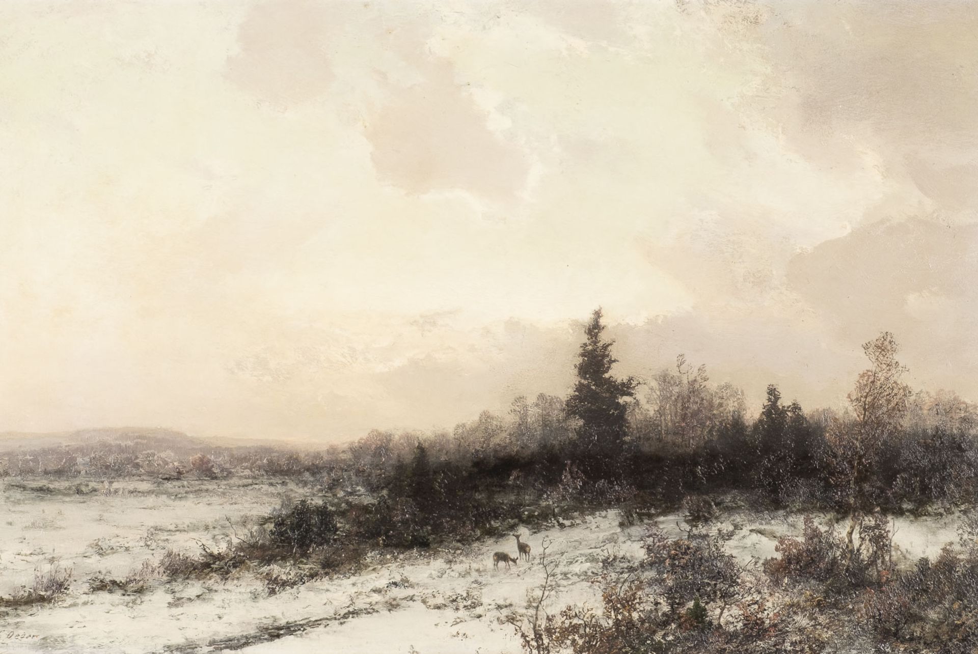 GEORG OEDER, WINTERLANDSCHAFT MIT ZWEI REHEN