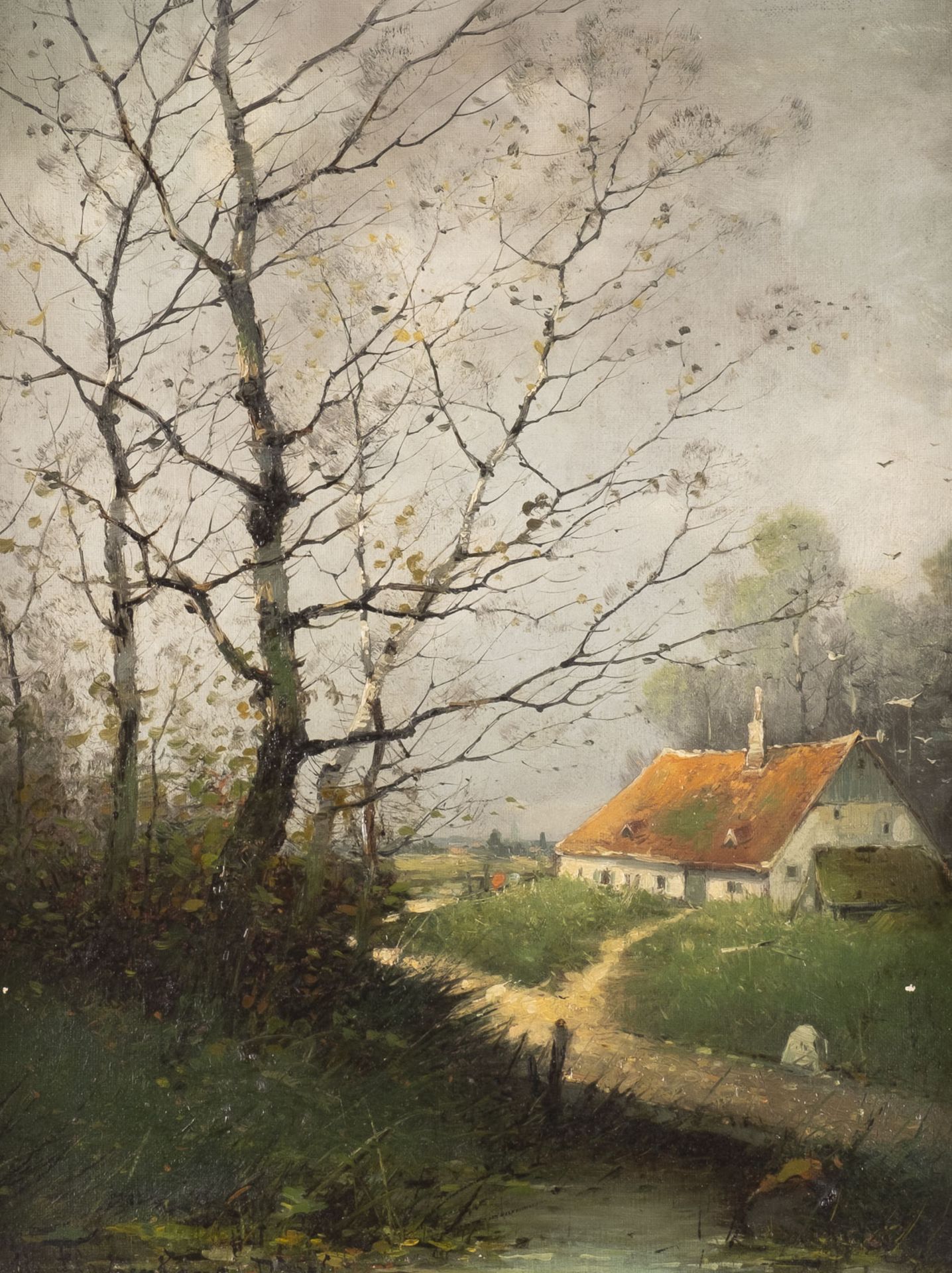 HEINZ FLOCKENHAUS, HERBSTLANDSCHAFT MIT BACHLAUF UND HUETTE IM HINTERGRUND