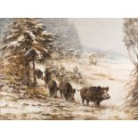 WILLI LORENZ, WILDSCHWEINROTTE AM WINTERLICHEN WALDRAND