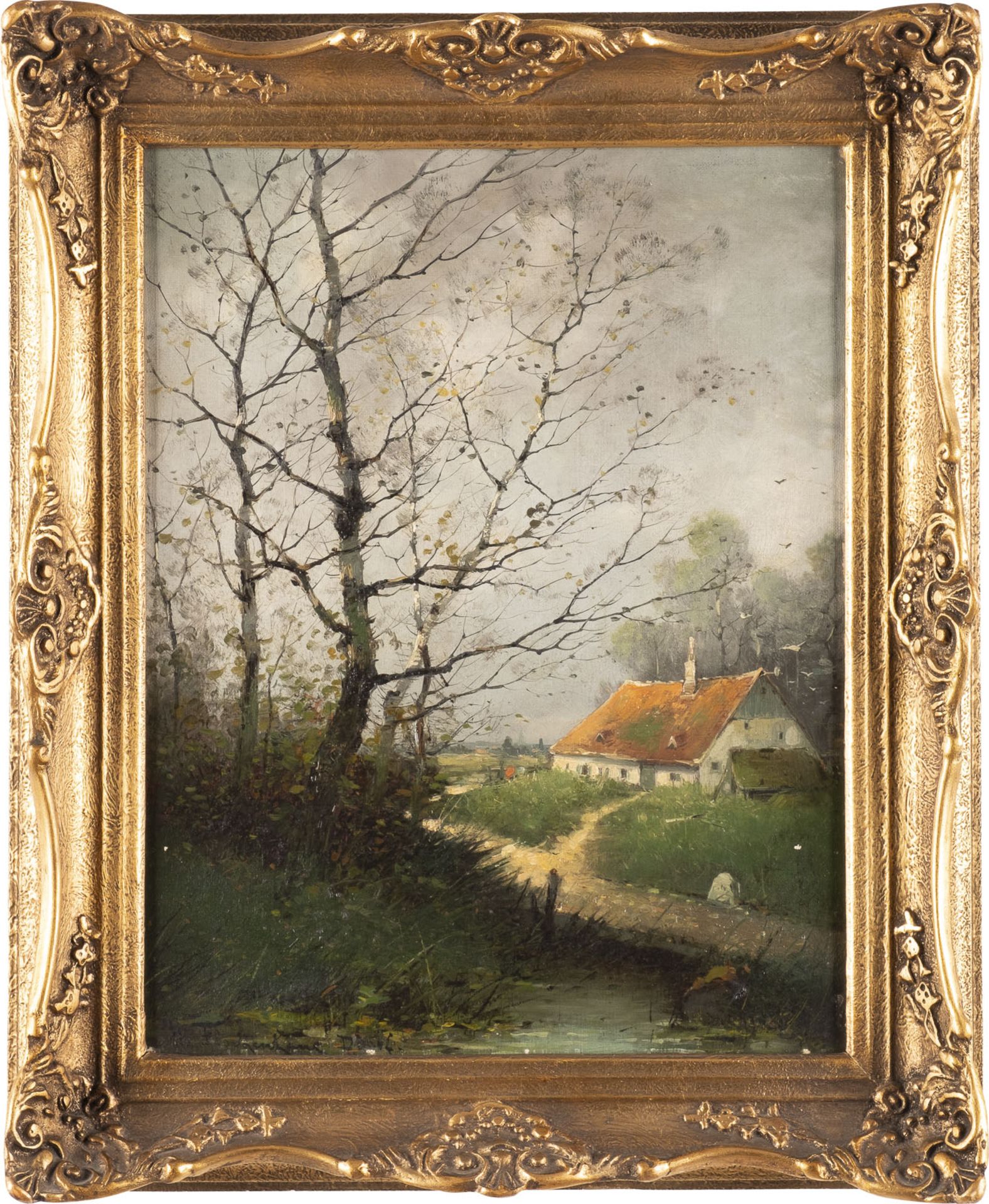 HEINZ FLOCKENHAUS, HERBSTLANDSCHAFT MIT BACHLAUF UND HUETTE IM HINTERGRUND - Bild 2 aus 2