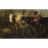 Großformatiges Gemälde von Rindern mit Hirten