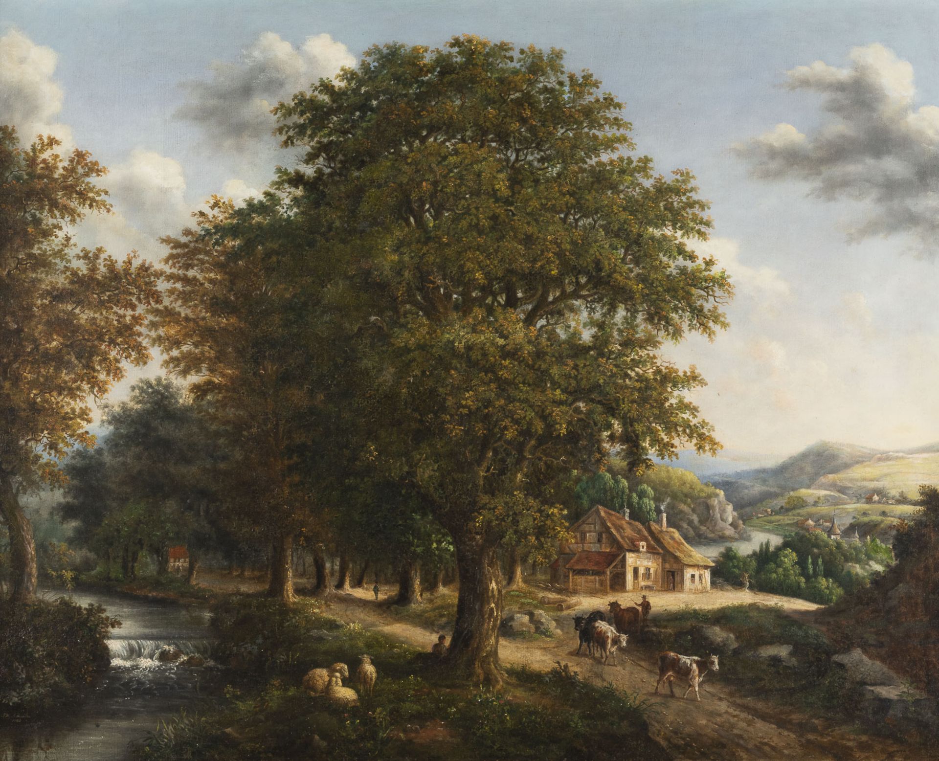 J. H. LEMAITRE FLUSSLANDSCHAFT MIT DORFHAUS AM UFER UND STAFFAGE (1863)