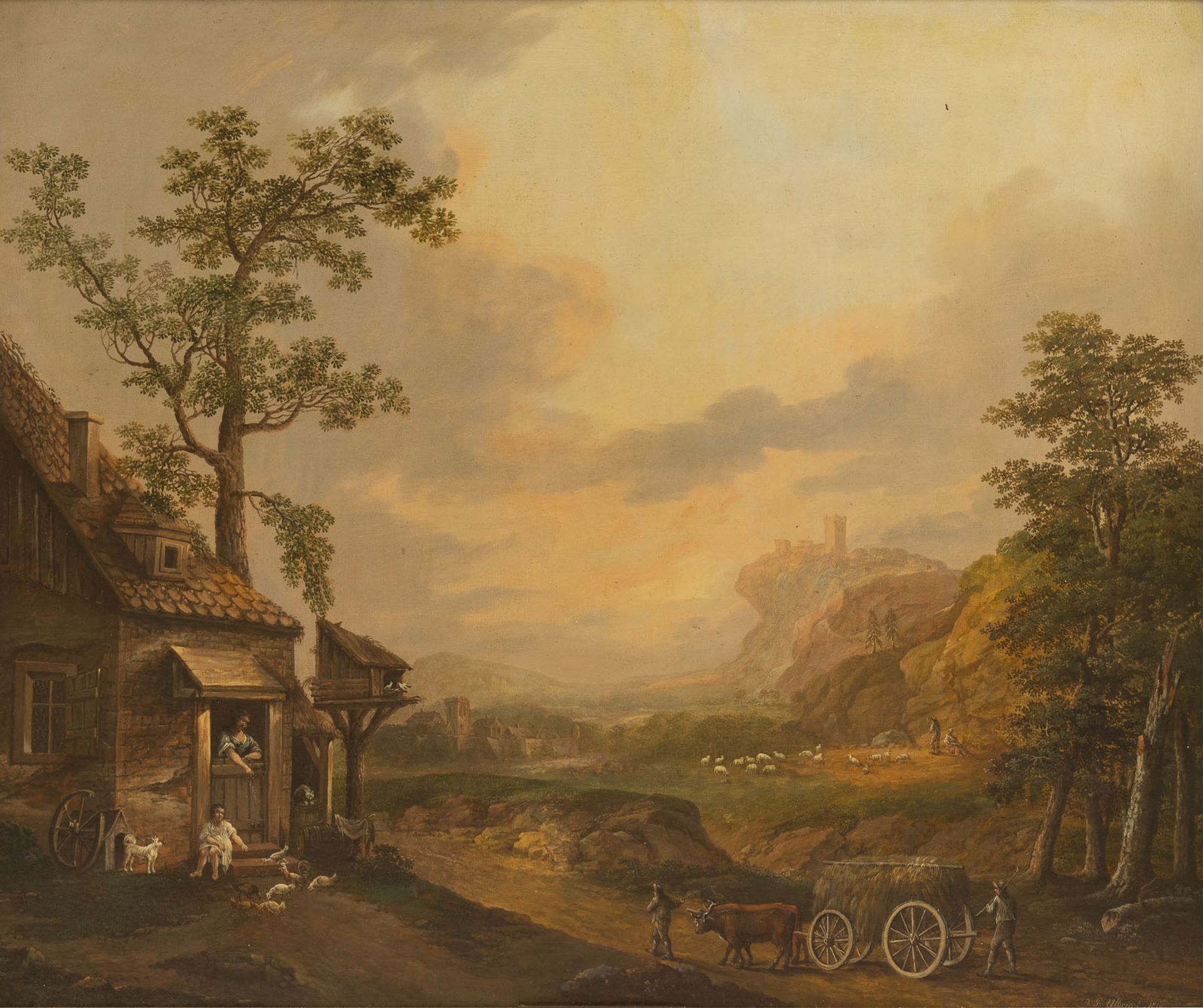 JOHANN PHILIPP ULBRICHT SOMMERLANDSCHAFT MIT BAUERNHAUS UND BAUERN IM VORDERGRUND UND SCHLOSS IN DER