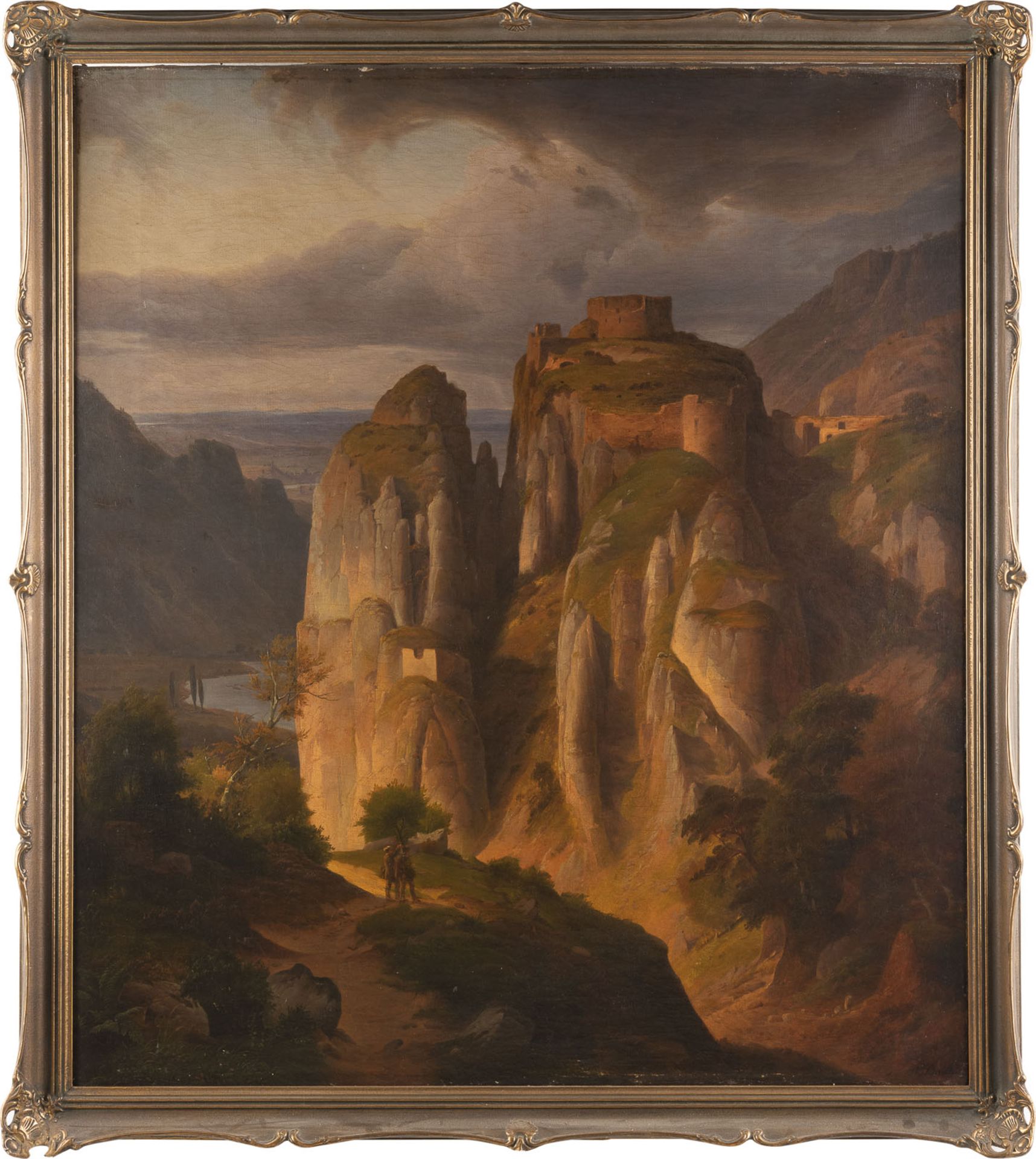 ARNOLD SCHULTEN GROßFORMATIGE ROMANTISCHE LANDSCHAFT MIT BURG RHEINGRAFENSTEIN UND REISENDEN - Bild 2 aus 2