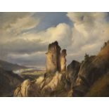 PIERRE JEAN HELLEMANS BLICK AUF DIE BURGRUINE UND DAS FLUSSTAL (WOHL RUINE DRACHENFELS AM RHEIN)