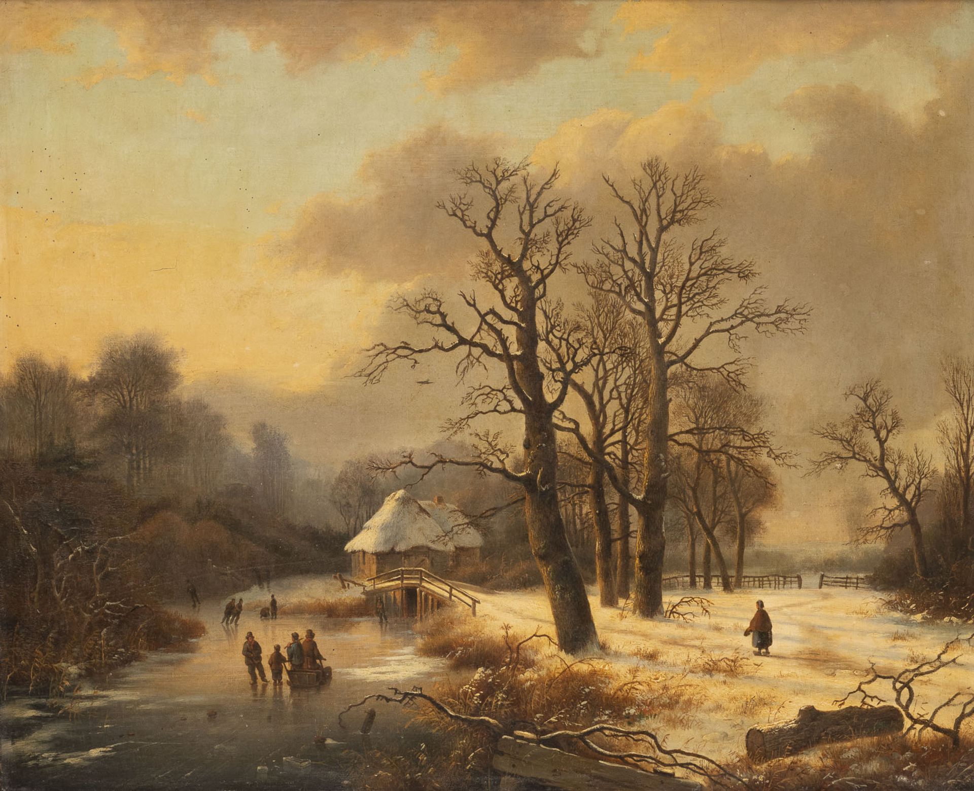 BAREND CORNELIS KOEKKOEK WINTERLANDSCHAFT MIT GEFRORENEM FLUSS UND STAFFAGE (1843)