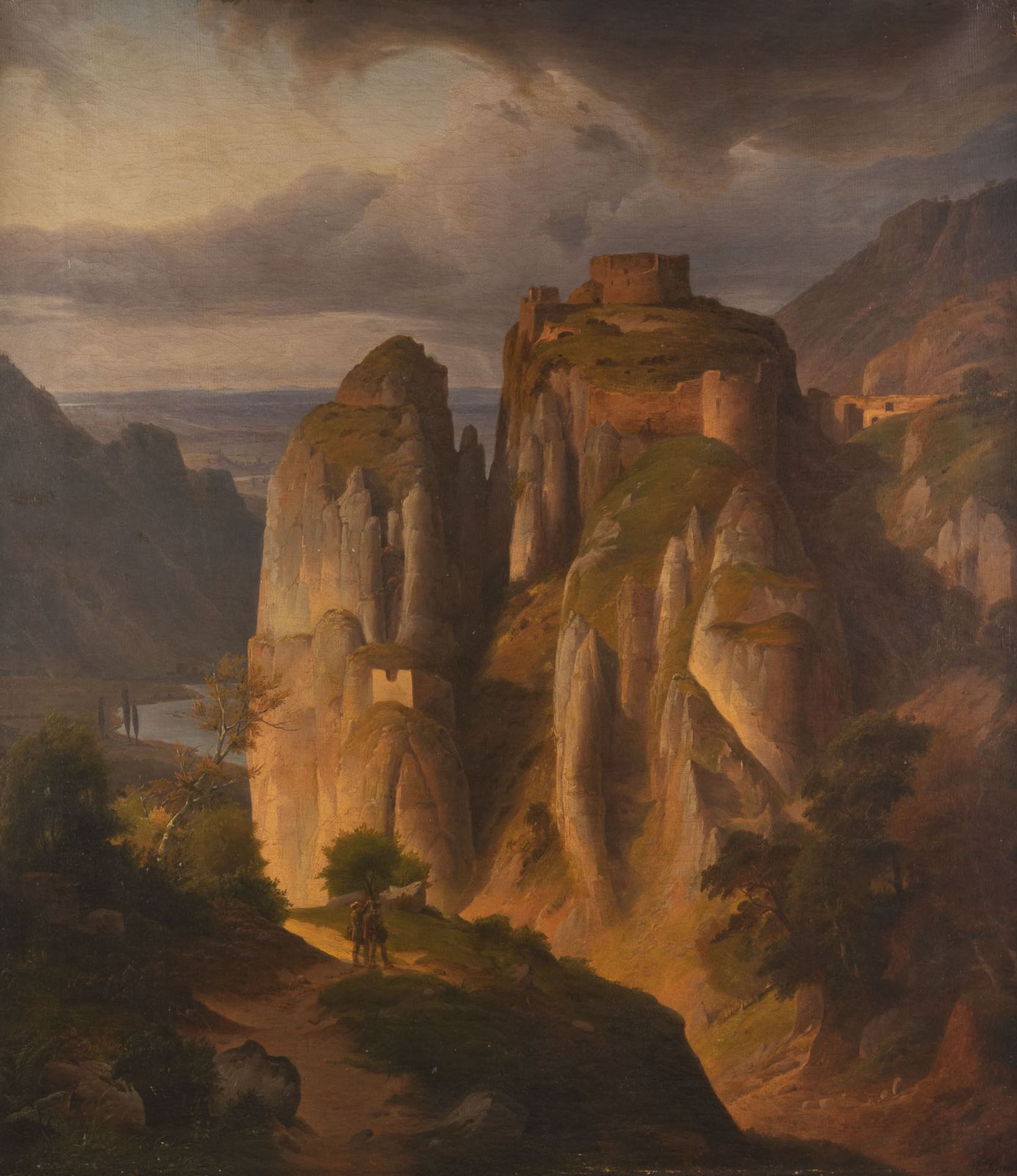 ARNOLD SCHULTEN GROßFORMATIGE ROMANTISCHE LANDSCHAFT MIT BURG RHEINGRAFENSTEIN UND REISENDEN