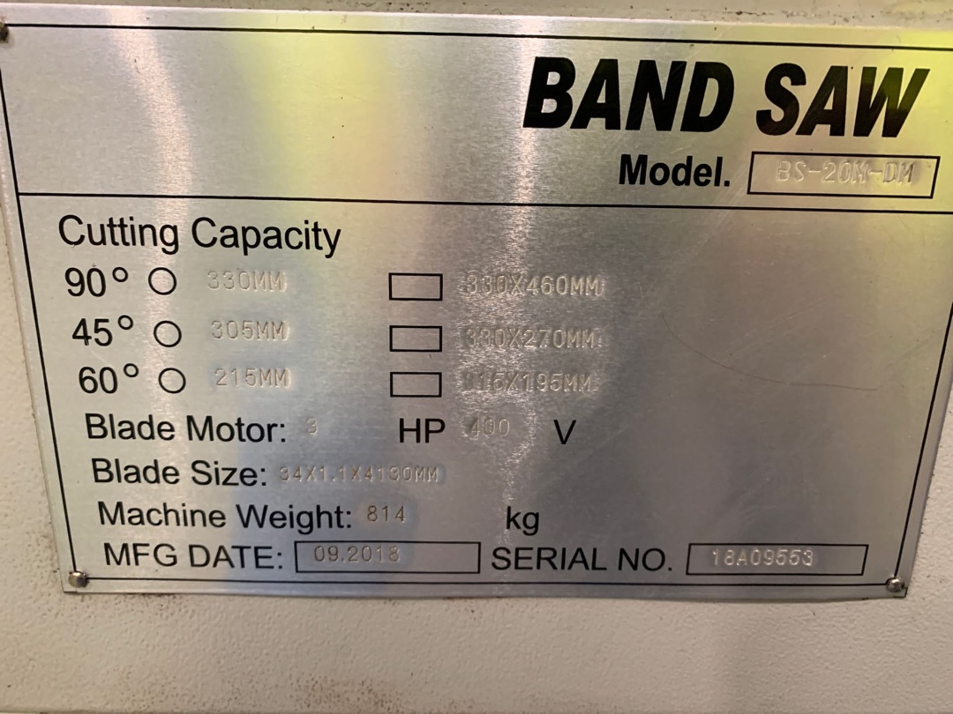 Baileigh Mitring Model BS-20M-DM Horizontal Bandsaw with Gravity Roller Outfeed Conveyor, Serial No. - Image 5 of 5