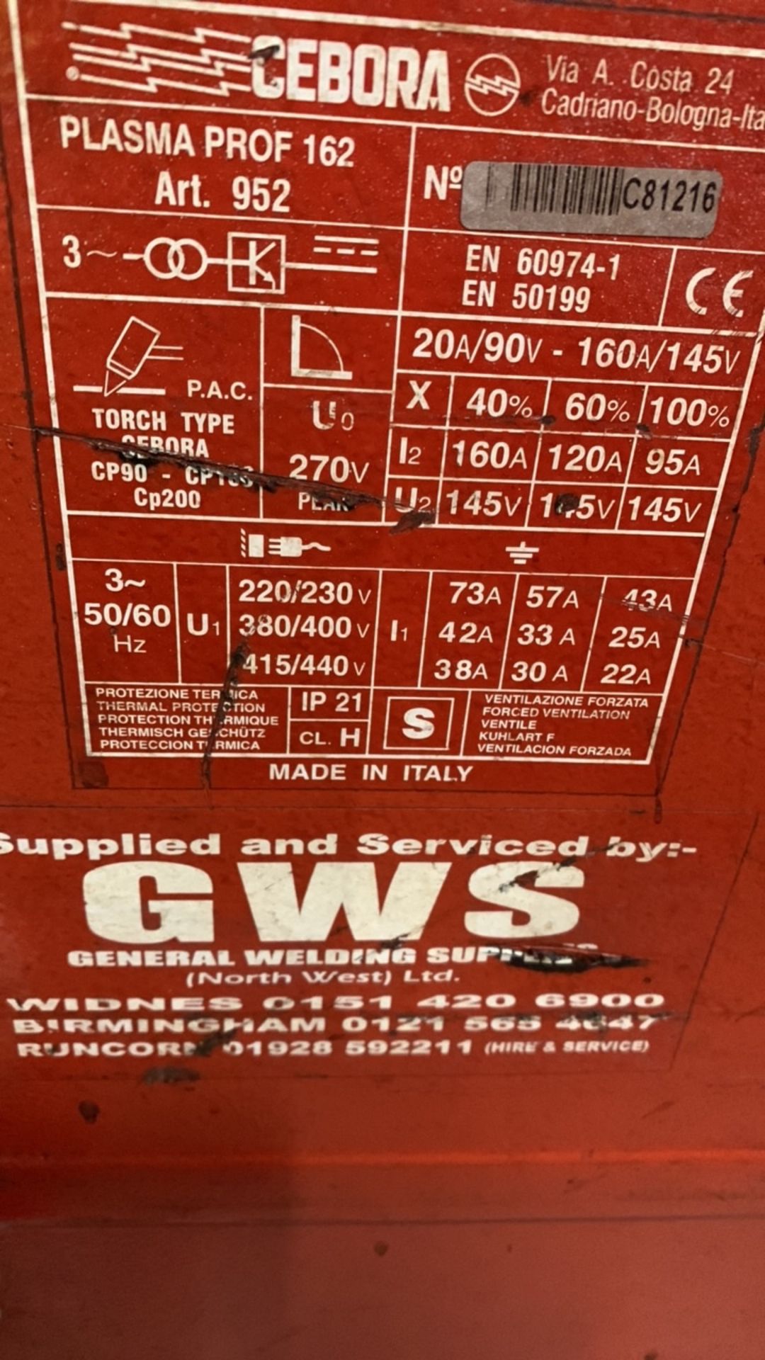 Cebora Prof 162 Plasma Cutter, Art 952, Serial No. C81216 - Image 2 of 2