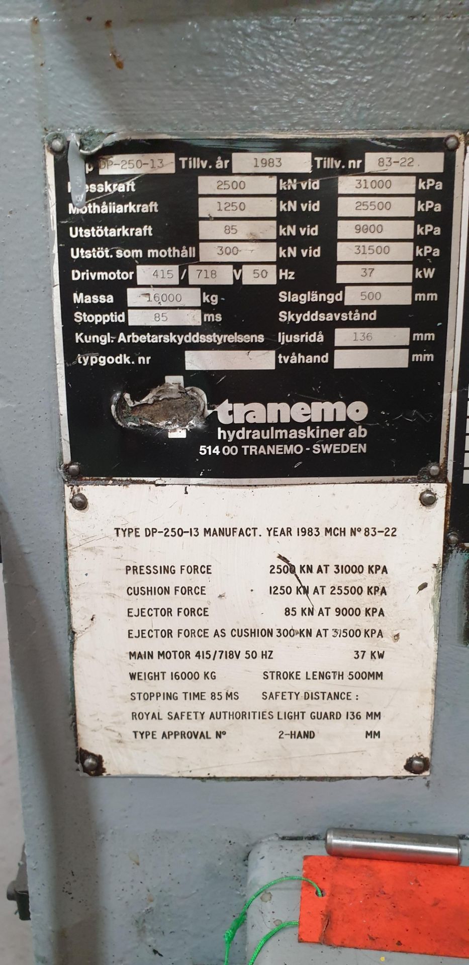 Tranemo DP-250-13, Double Sided Power Press With Light Guards, 250-Tonne Rated , Serial Number: 83-2 - Image 3 of 3