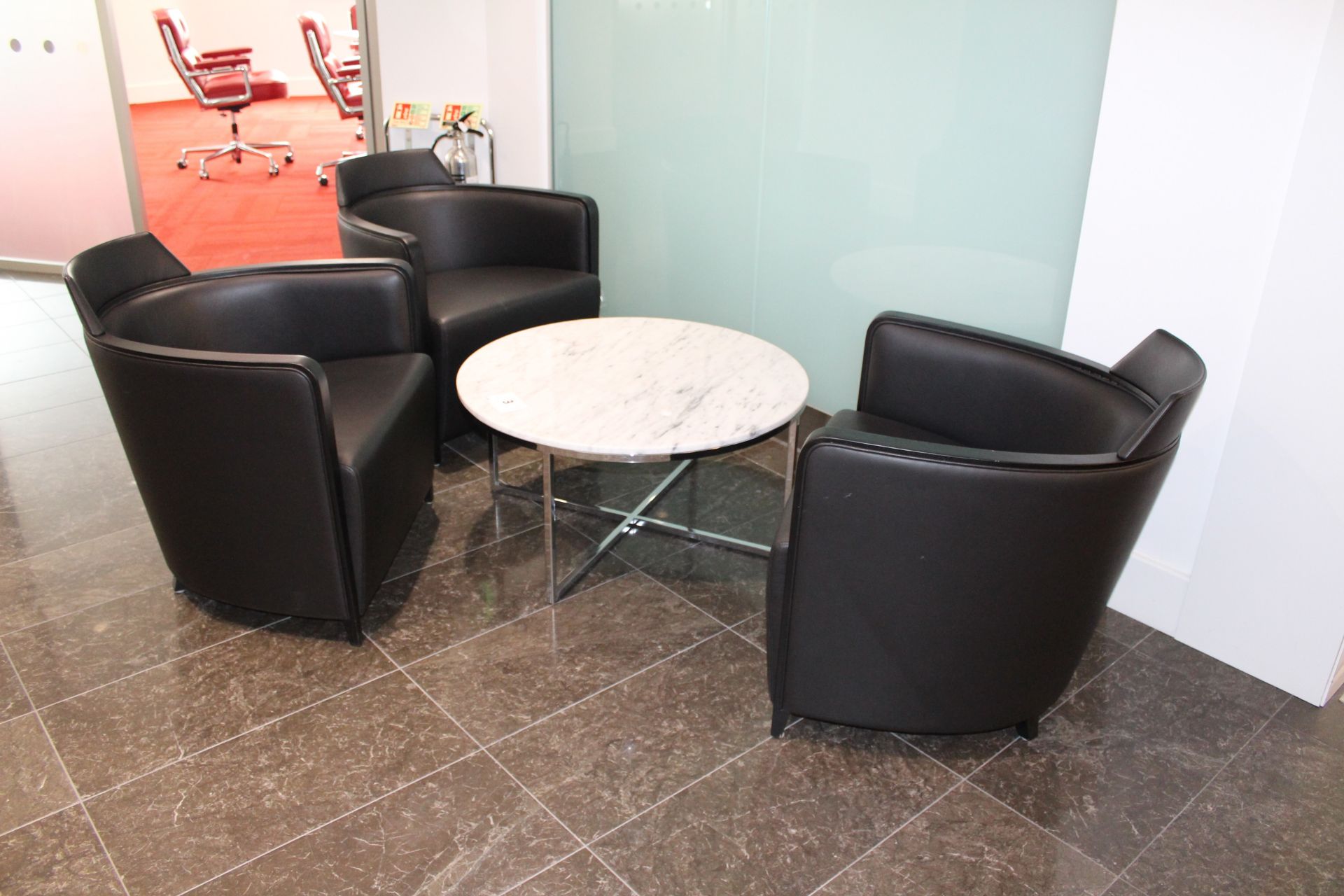 3 Moroso Black Tub Reception Chairs with Marble Topped 800mm Diameter Coffee Table