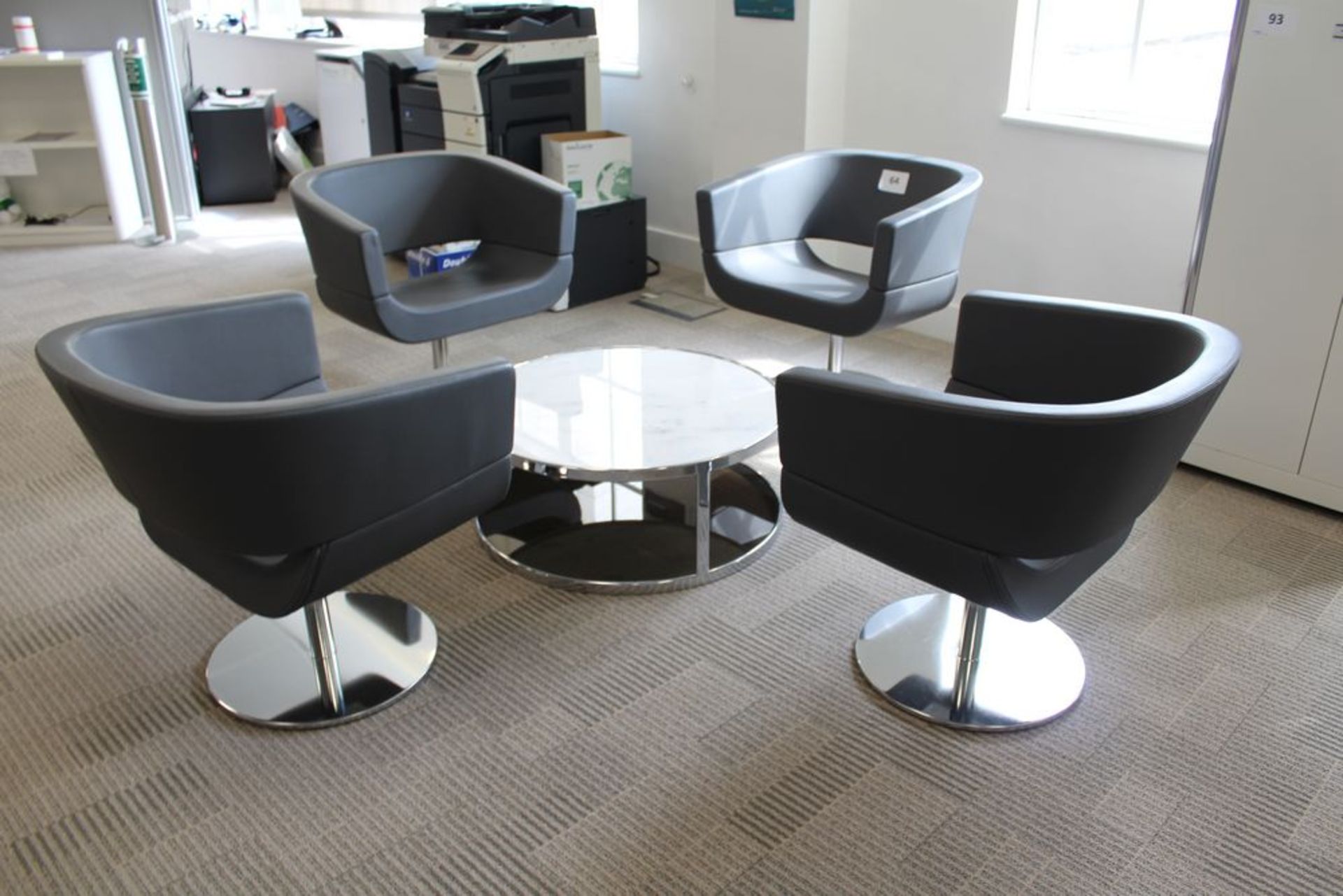 4 Allemuir Lola Grey Leather Effect Chairs with a Chrome Framed, Marble Topped Coffee Table 800mm Di