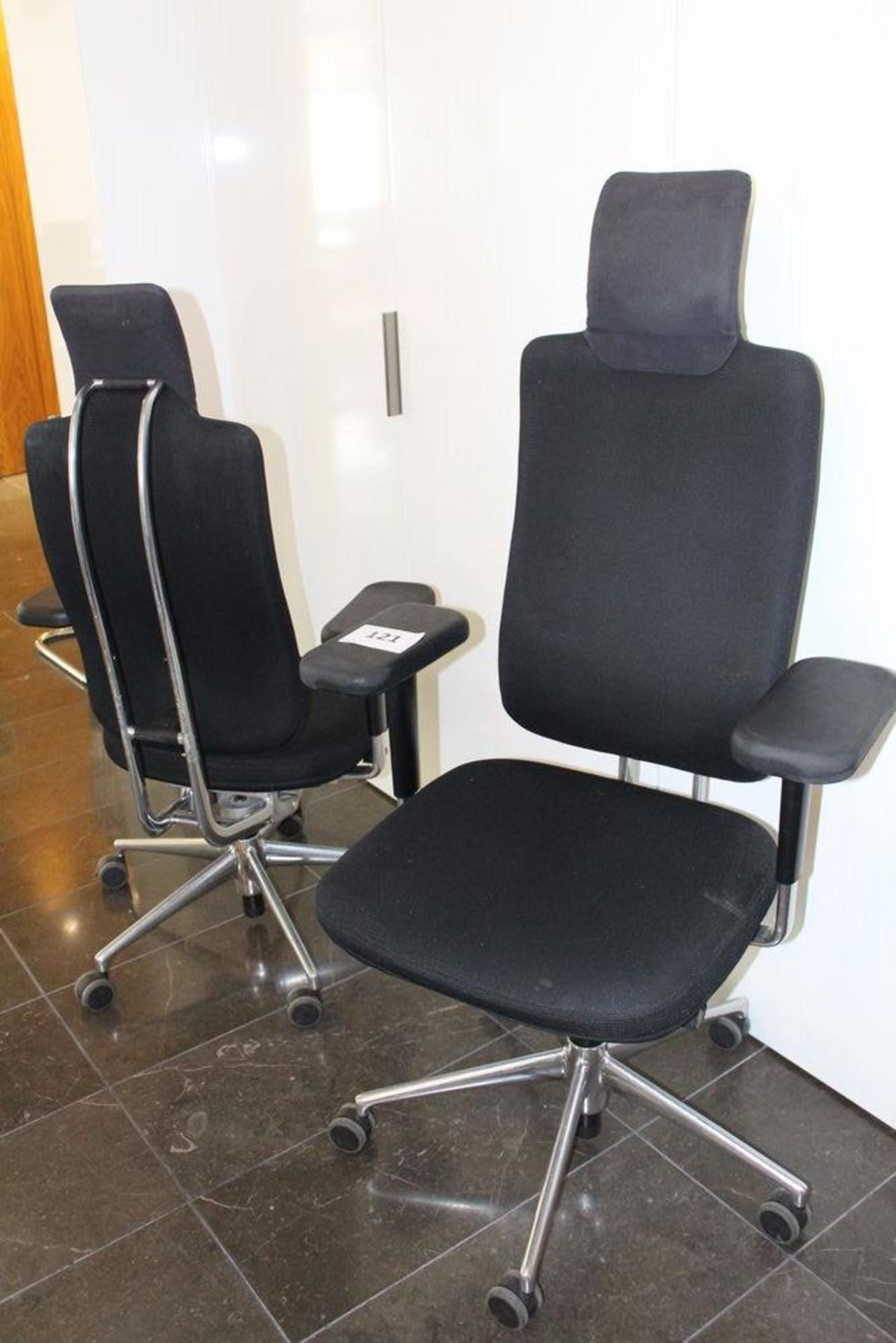 2 Vitra Black Cloth Upholstered High Back Swivel Chairs