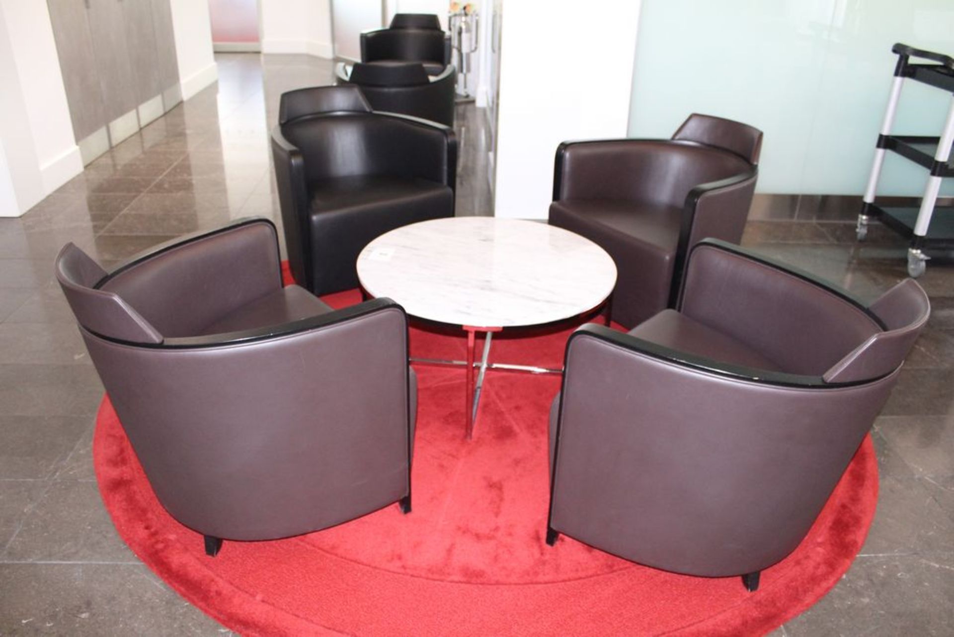 4 Moroso Black Tub Reception Chairs with Marble Topped 800mm Diameter Coffee Table