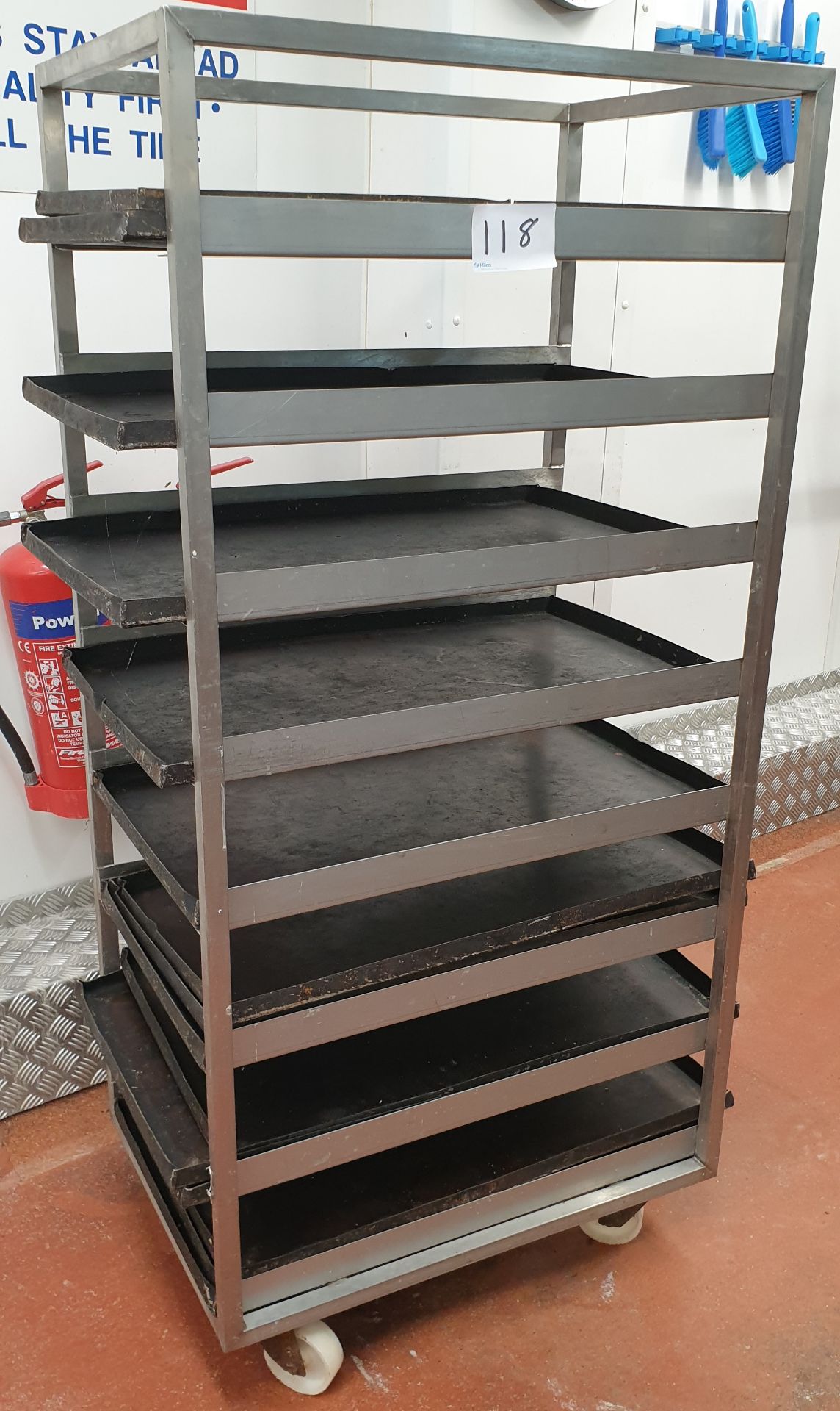 8 Tier Stainless Steel Mobile Tray Racking Unit complete with Black Trays, 0.73m(l) x 0.51m(w) x 1.5
