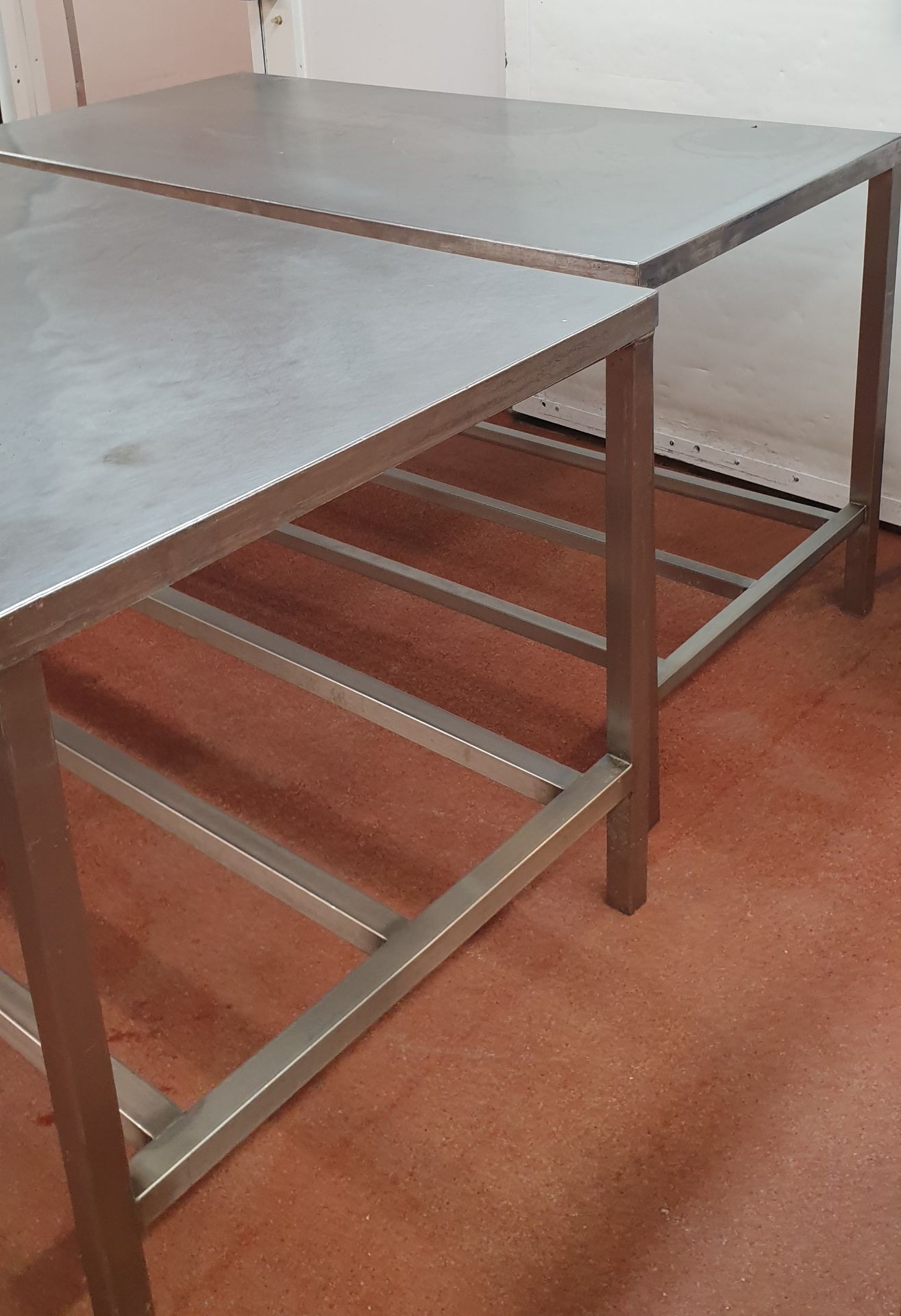 2 x Stainless Steel Prep Tables, 1.80m(l) x 0.86m(w) x 0.85m(h) and 1.52m(l) x 0.77m(w) x 0.84m(h)