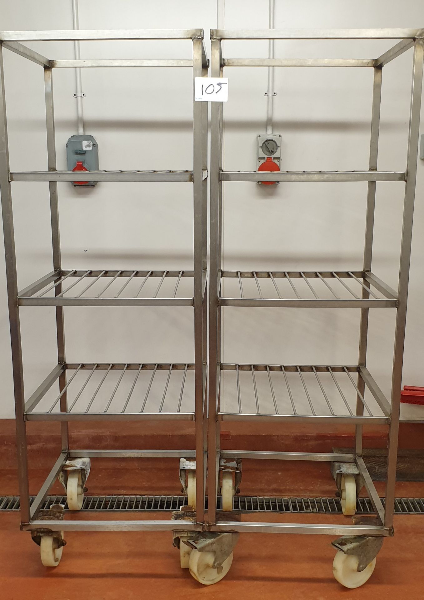2 x Stainless Steel 3-Tier Mobile Racking, 0.60m(l) x 0.65m(w) x 1.74m(h)